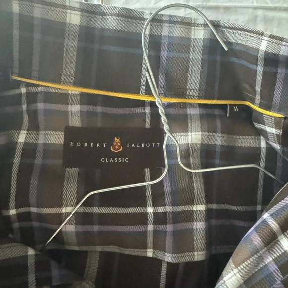 Brown, blue, purple, and white Robert Talbott shirt. Size medium - Picture 2 of 2